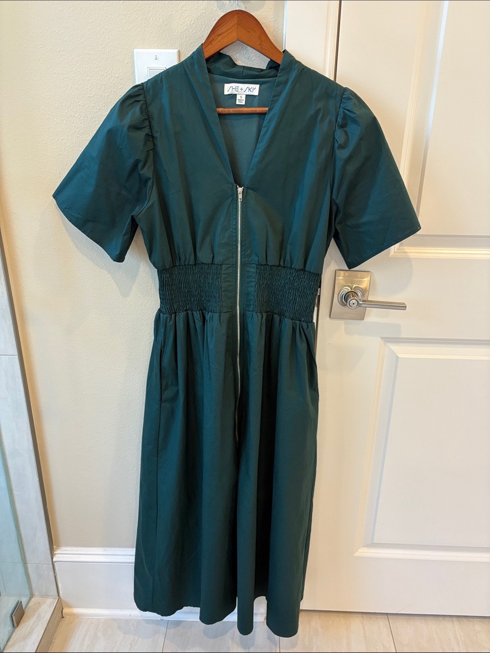 She + Sky Teal V-Neck Smocked-Waist Midi Dress